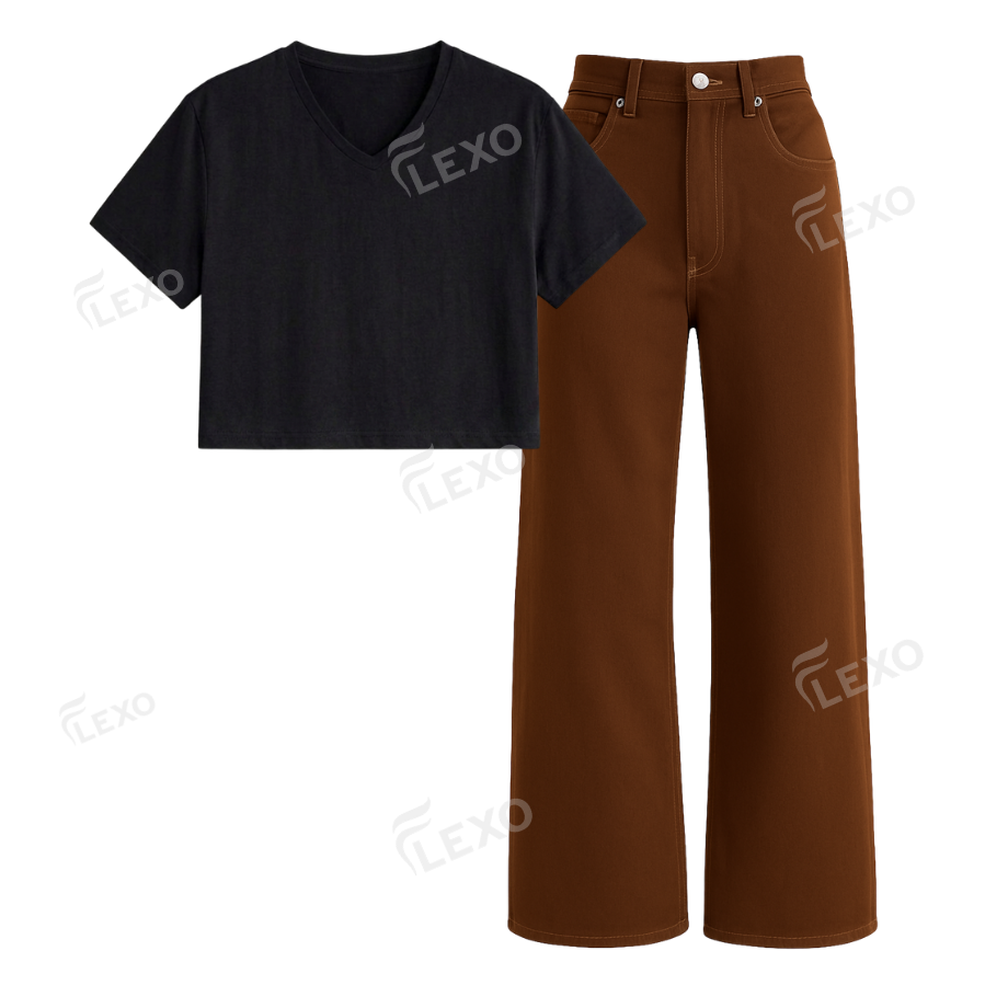 Brown Wide Leg Jeans With Crop V-Neck T-Shirt