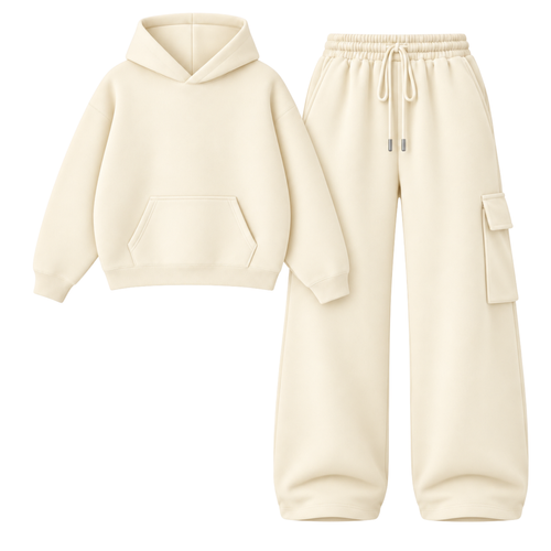 Cream Straight Leg Cargo With Oversized Hoodie