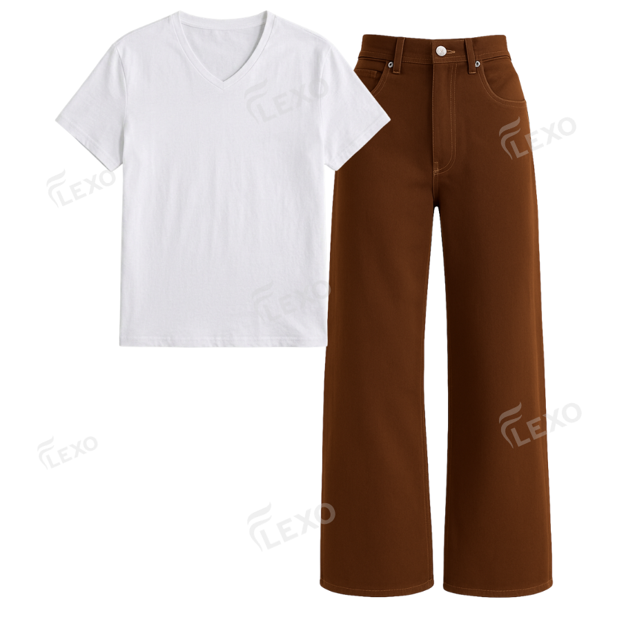 Brown Wide Leg Jeans With V-Neck T-Shirt