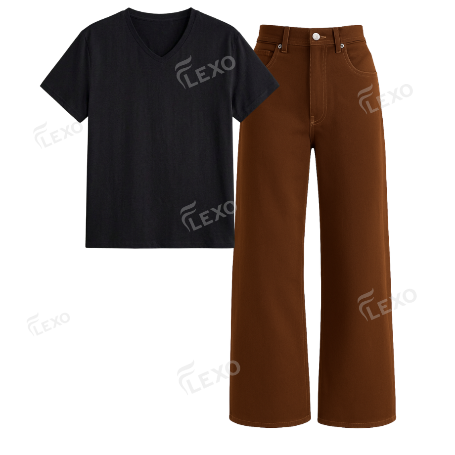 Brown Wide Leg Jeans With V-Neck T-Shirt Main image