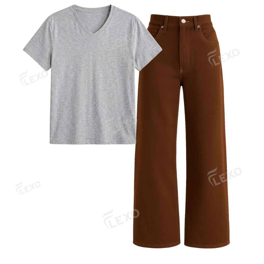 Brown Wide Leg Jeans With V-Neck T-Shirt