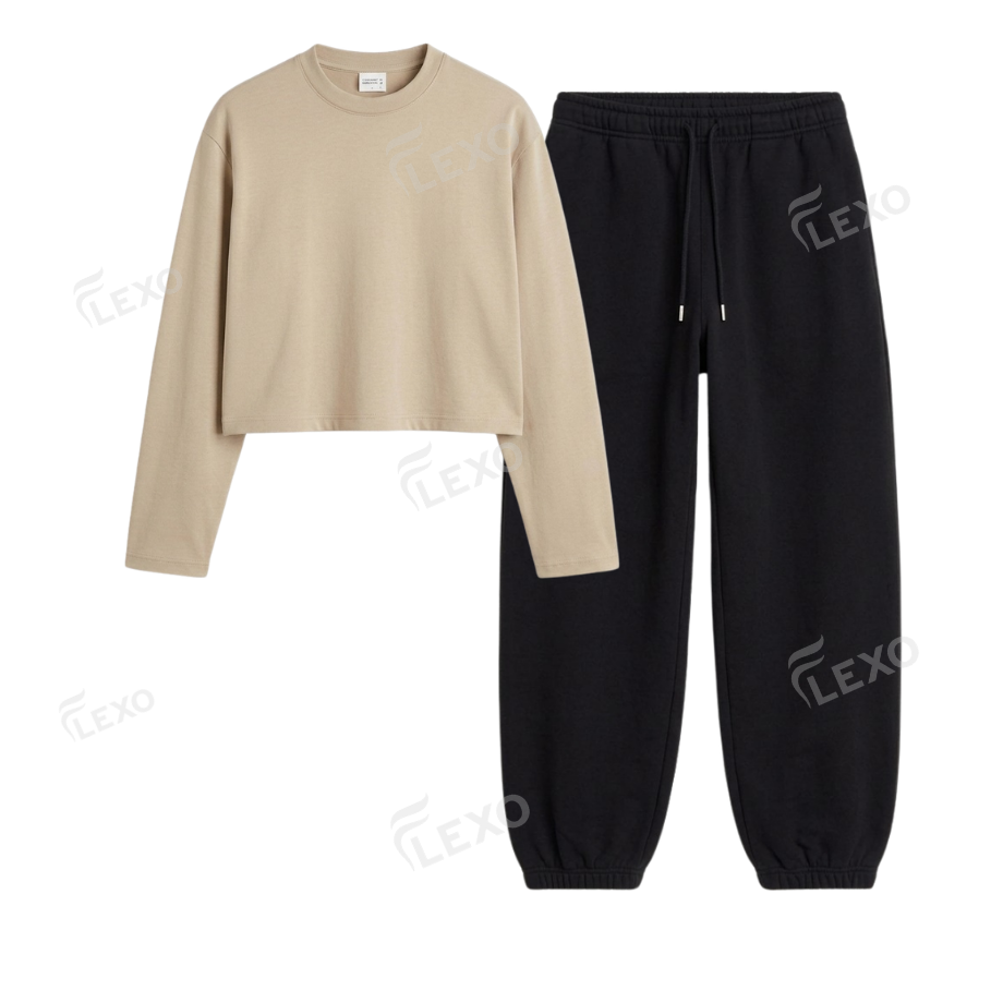 Black Sweatpant With Crop Full Sleeves T-Shirt