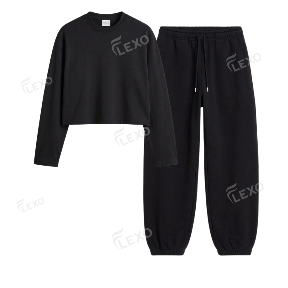 Black Sweatpant With Crop Full Sleeves T-Shirt