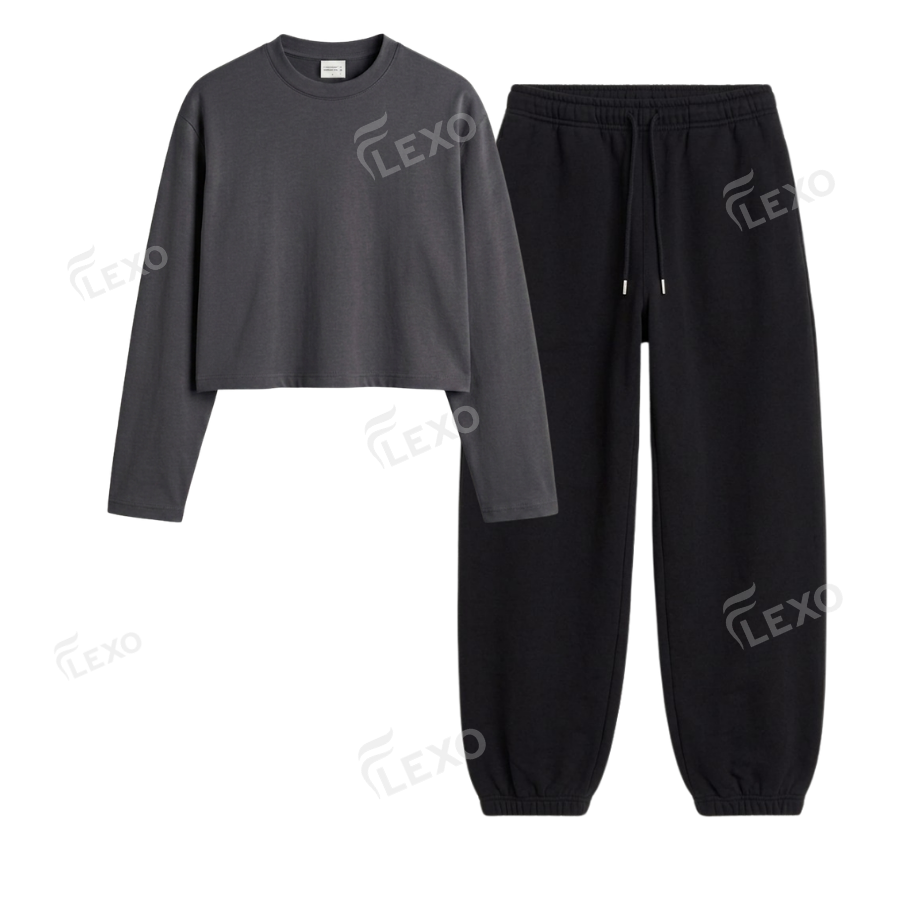 Black Sweatpant With Crop Full Sleeves T-Shirt