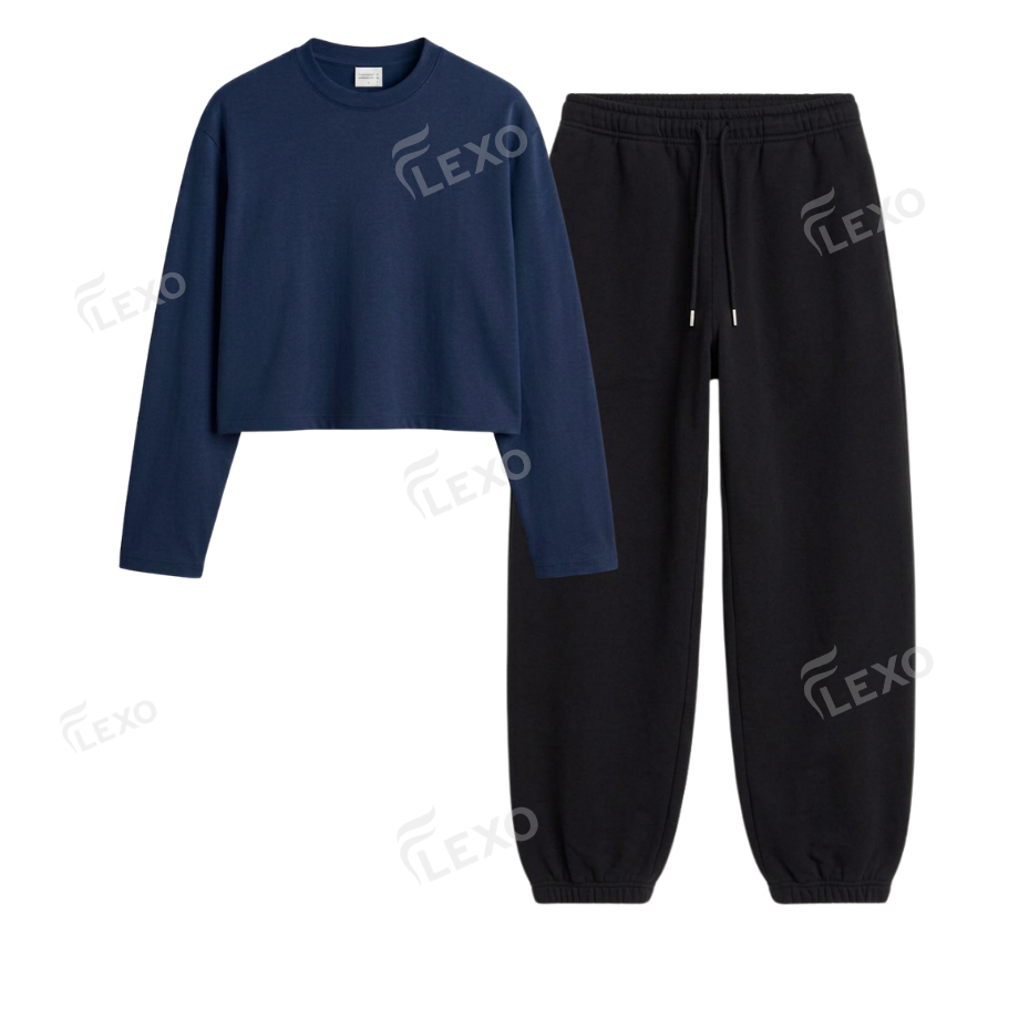 Black Sweatpant With Crop Full Sleeves T-Shirt