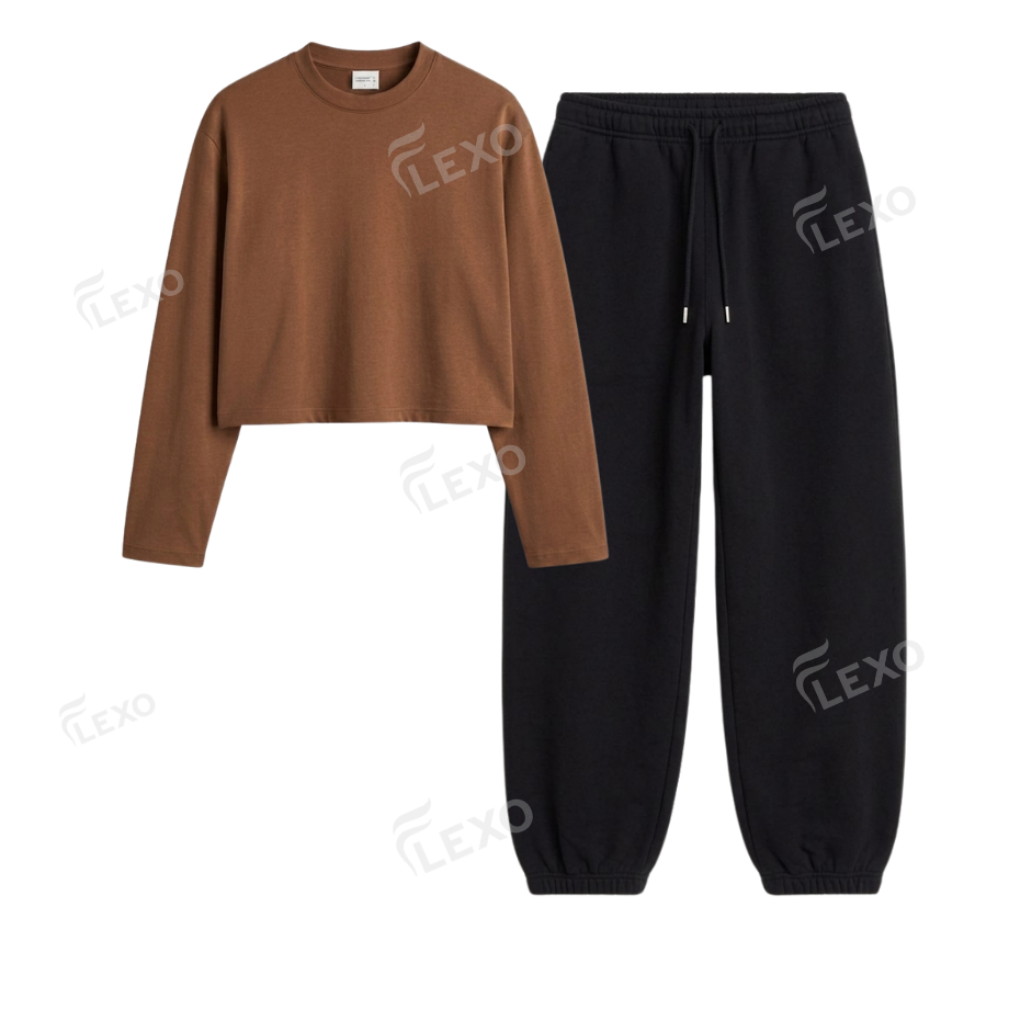 Black Sweatpant With Crop Full Sleeves T-Shirt