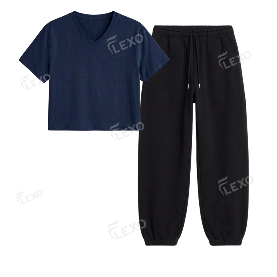 Black Sweatpant With Crop V-Neck T-Shirt