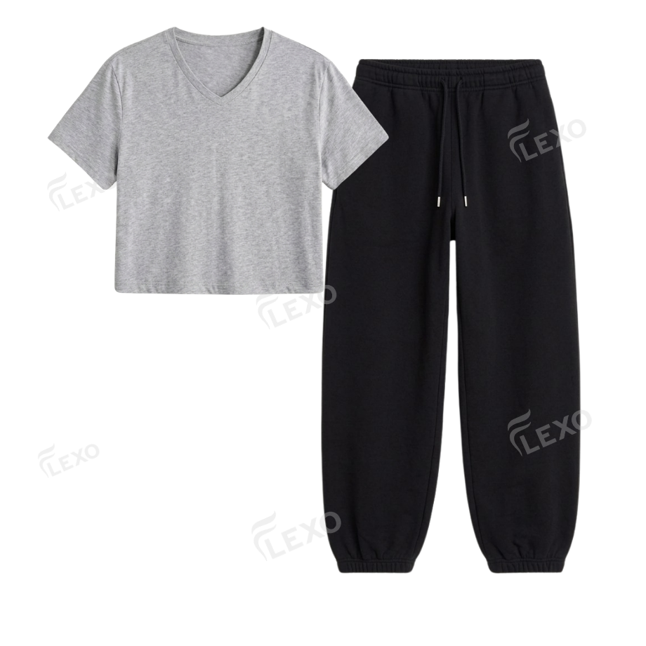 Black Sweatpant With Crop V-Neck T-Shirt