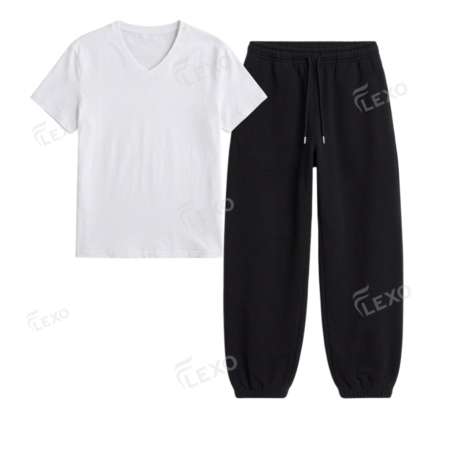 Black Sweatpant With V-Neck T-Shirt