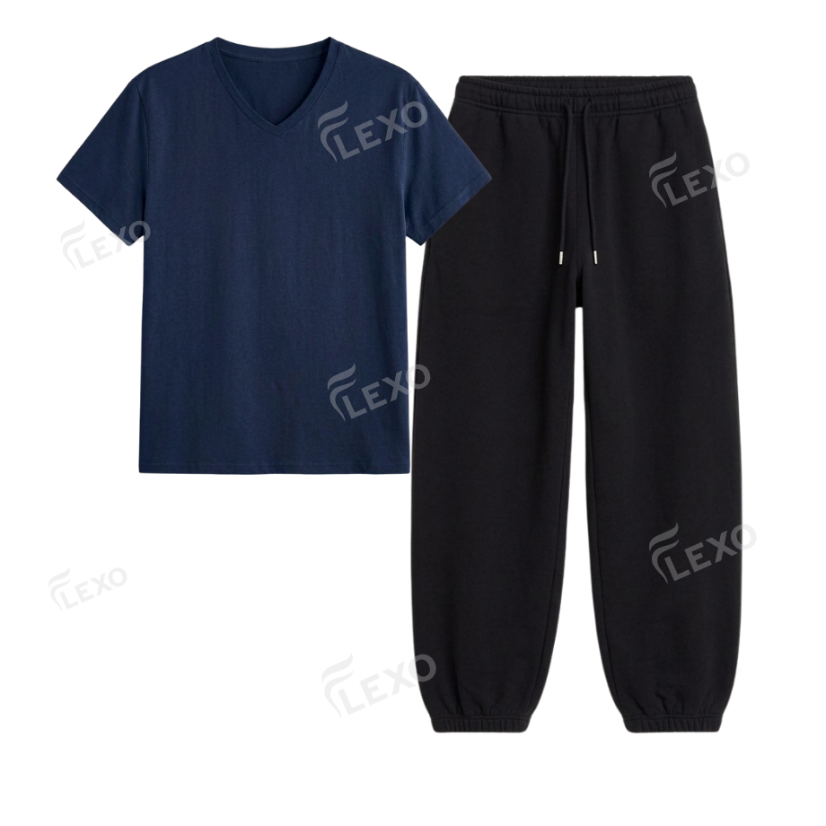 Black Sweatpant With V-Neck T-Shirt