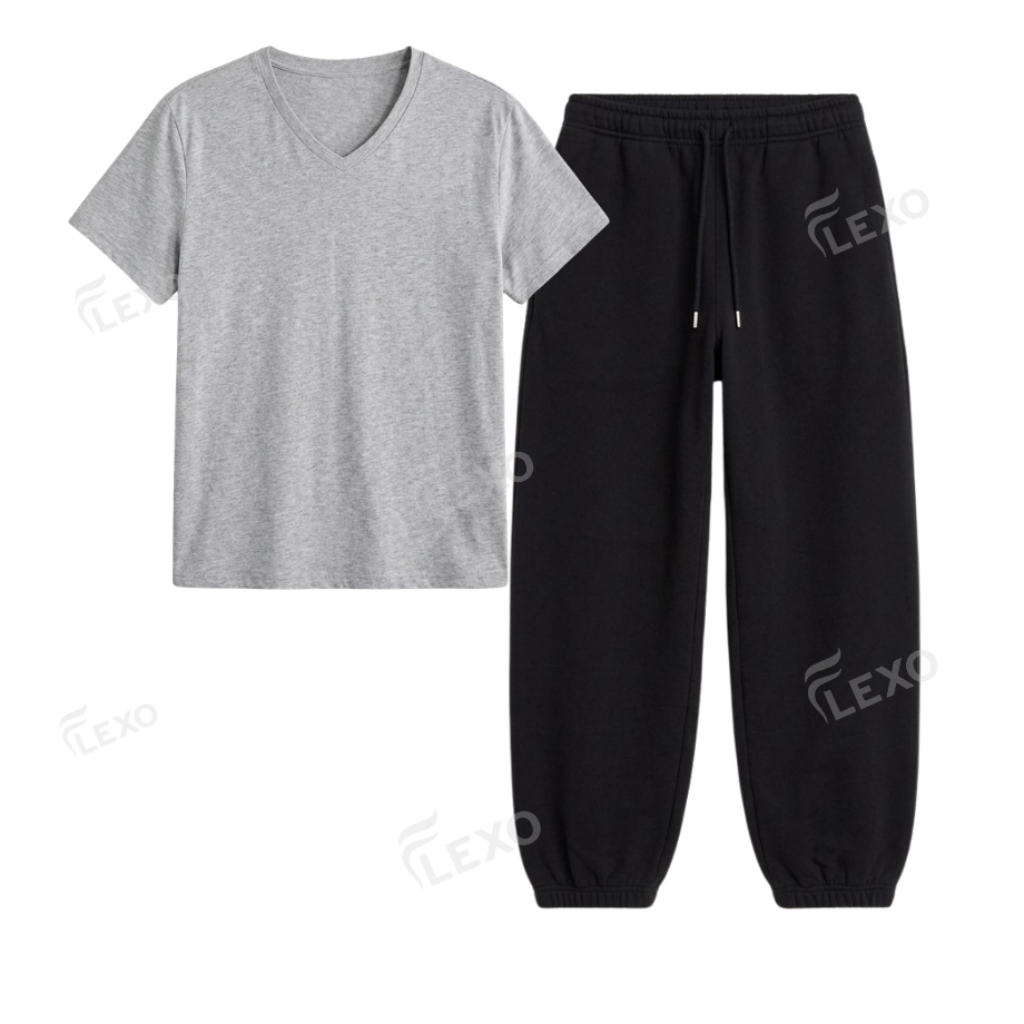 Black Sweatpant With V-Neck T-Shirt