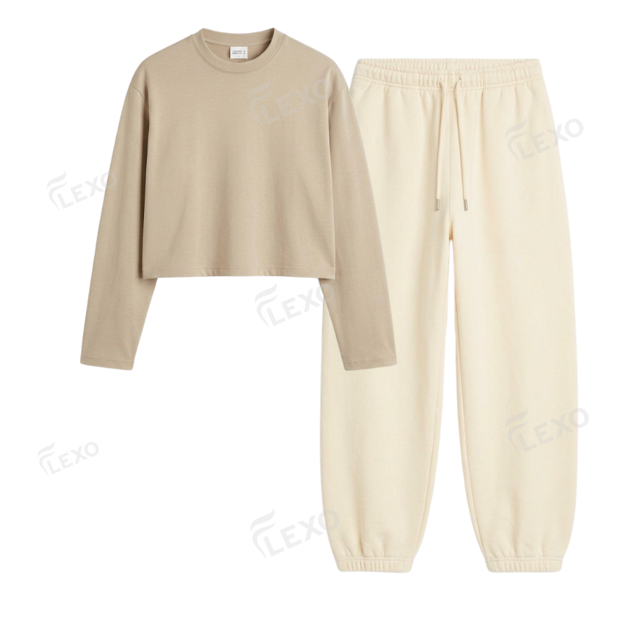 Cream Sweatpant With Crop Full Sleeves T-Shirt