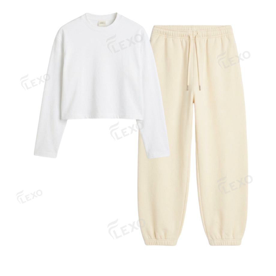 Cream Sweatpant With Crop Full Sleeves T-Shirt