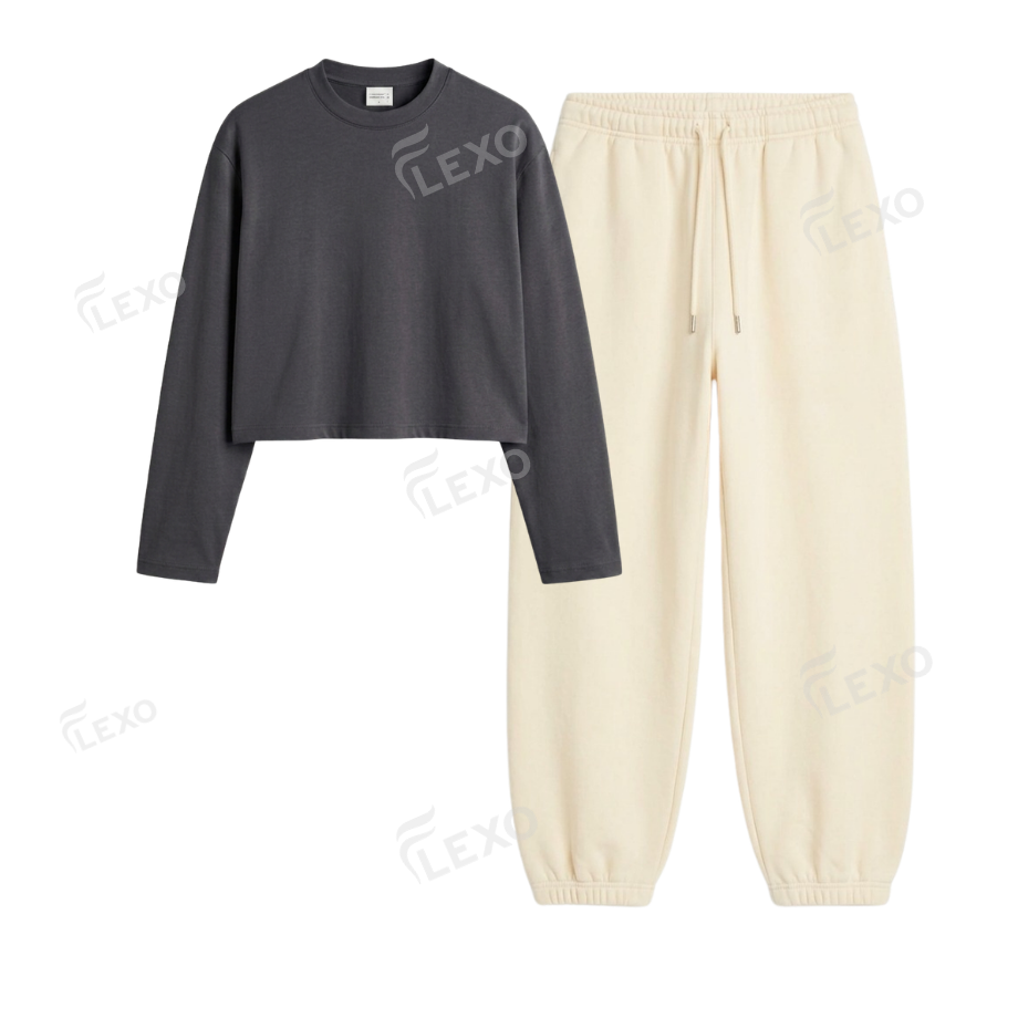 Cream Sweatpant With Crop Full Sleeves T-Shirt