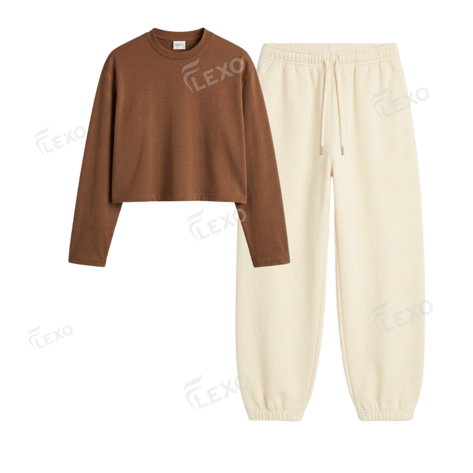 Cream Sweatpant With Crop Full Sleeves T-Shirt