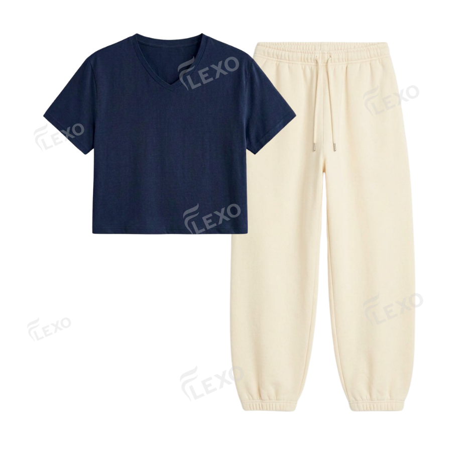 Cream Sweatpant With Crop V-Neck T-Shirt