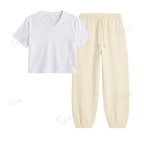 Cream Sweatpant With Crop V-Neck T-Shirt