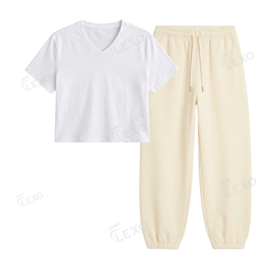 Cream Sweatpant With Crop V-Neck T-Shirt