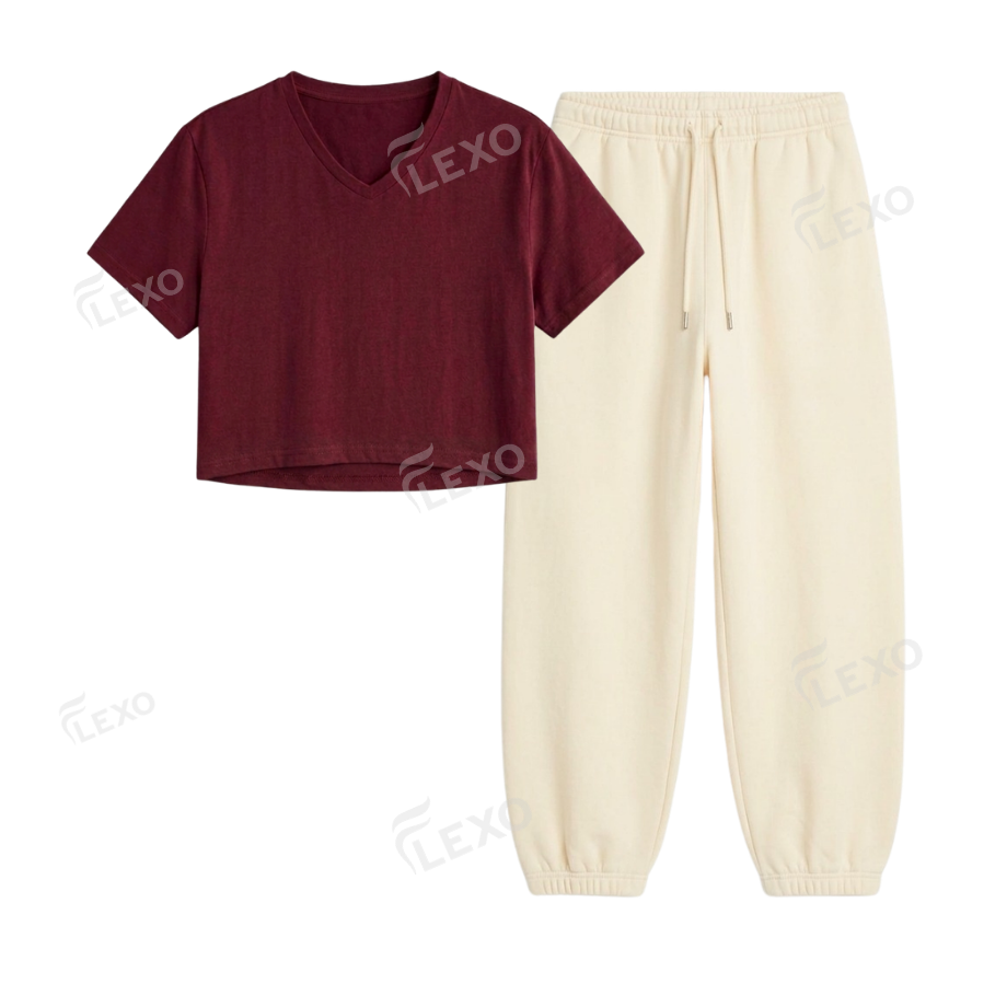 Cream Sweatpant With Crop V-Neck T-Shirt