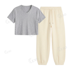 Cream Sweatpant With Crop V-Neck T-Shirt