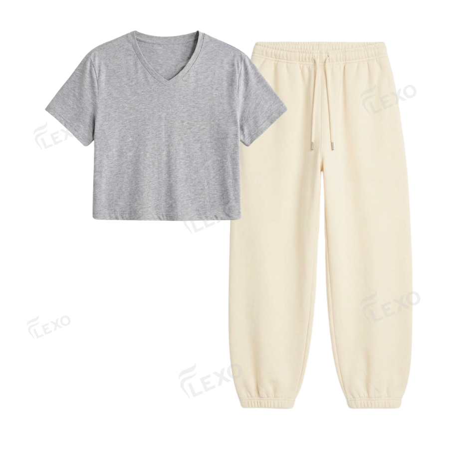 Cream Sweatpant With Crop V-Neck T-Shirt