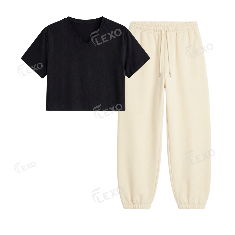 Cream Sweatpant With Crop V-Neck T-Shirt Secondary image