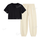 Cream Sweatpant With Crop V-Neck T-Shirt