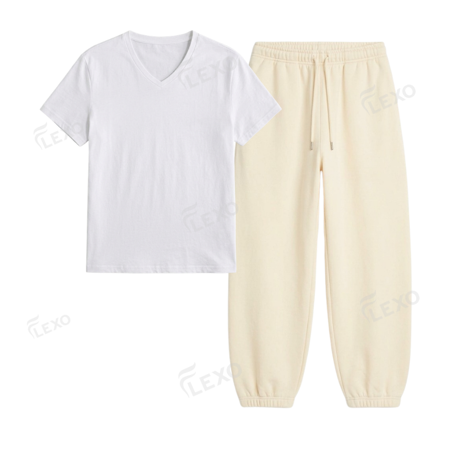 Cream Sweatpant With V-Neck T-Shirt