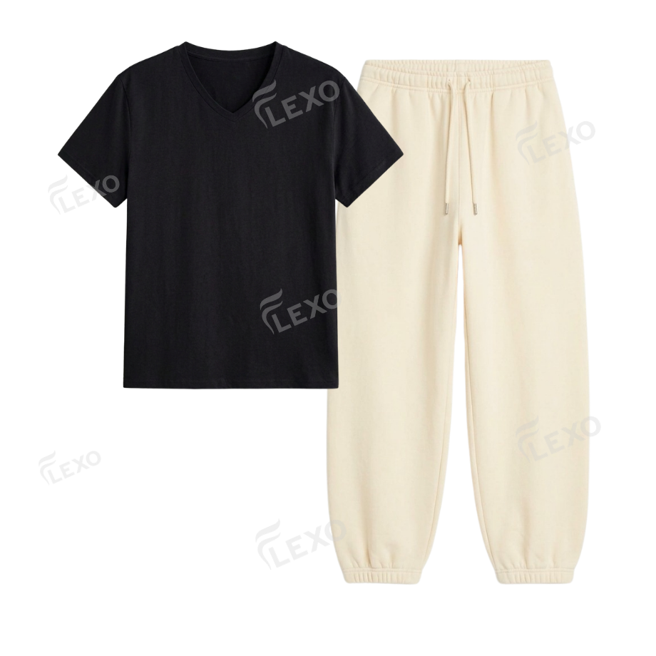 Cream Sweatpant With V-Neck T-Shirt