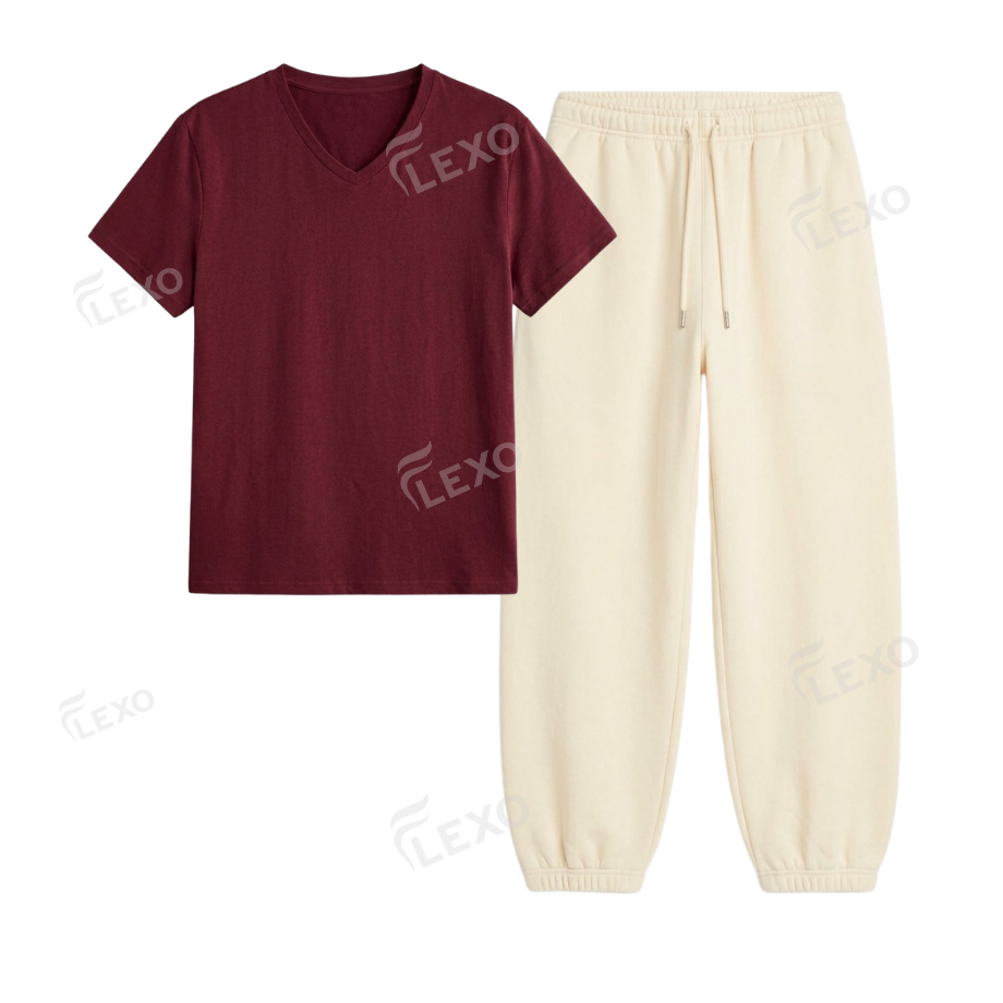 Cream Sweatpant With V-Neck T-Shirt