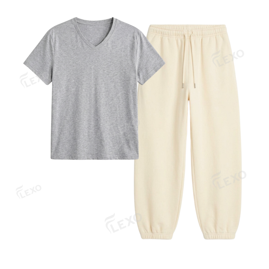 Cream Sweatpant With V-Neck T-Shirt