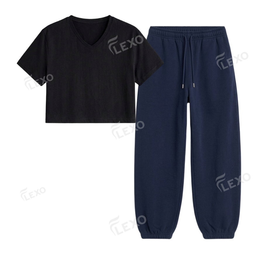 Navyblue Sweatpant With Crop V-Neck T-Shirt
