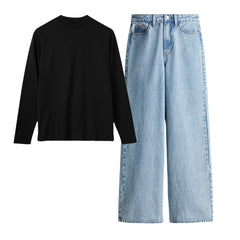 Black Full Sleeves Tee With Ice Blue Jeans