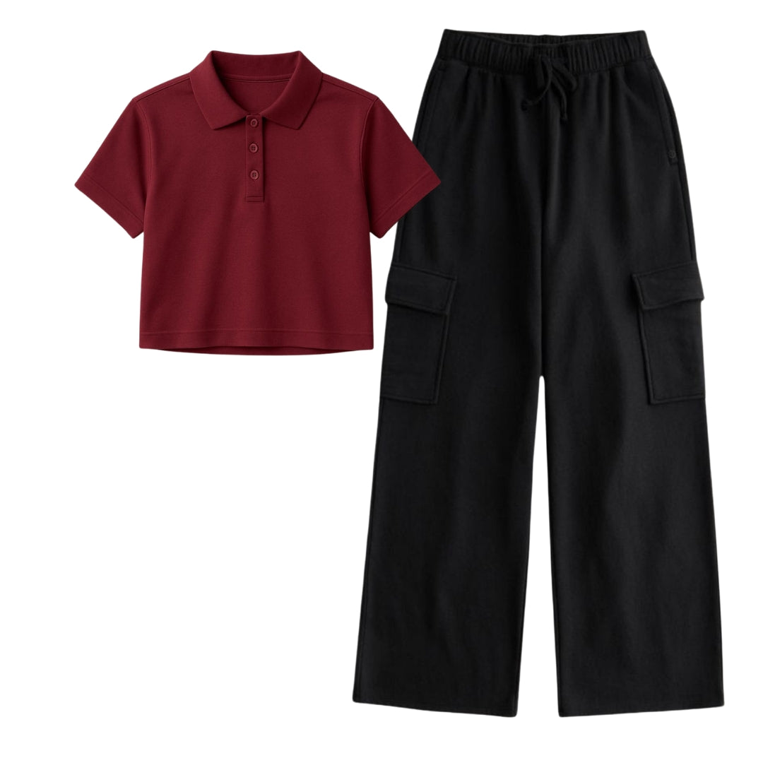 Maroon Crop Polo with Black Cargo