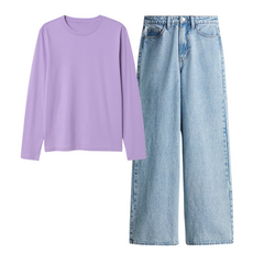 Lilac Full Sleeves Tee With Ice Blue Jeans