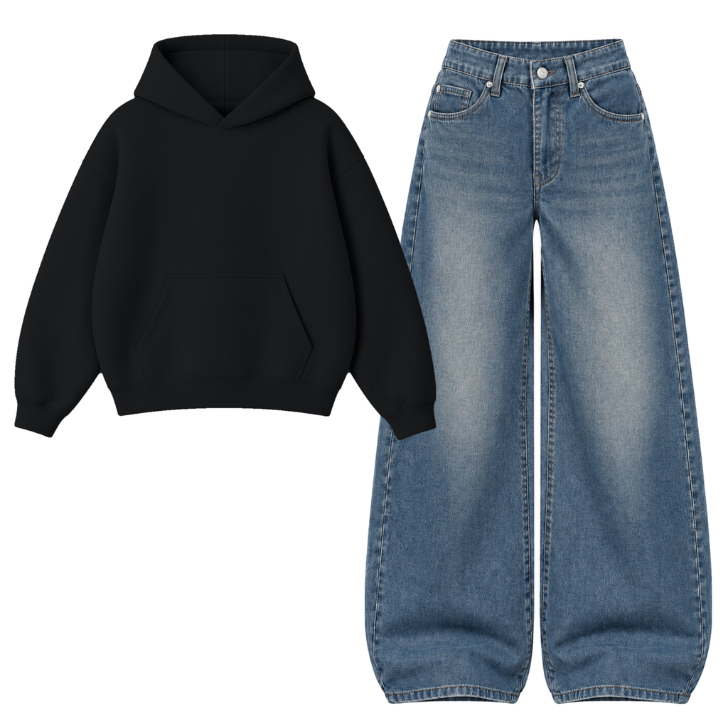 Navyblue Vintage Baggy Jeans With Oversized Hoodie