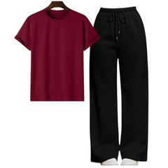 Maroon Regular Tee With Black Straight Leg Trouser