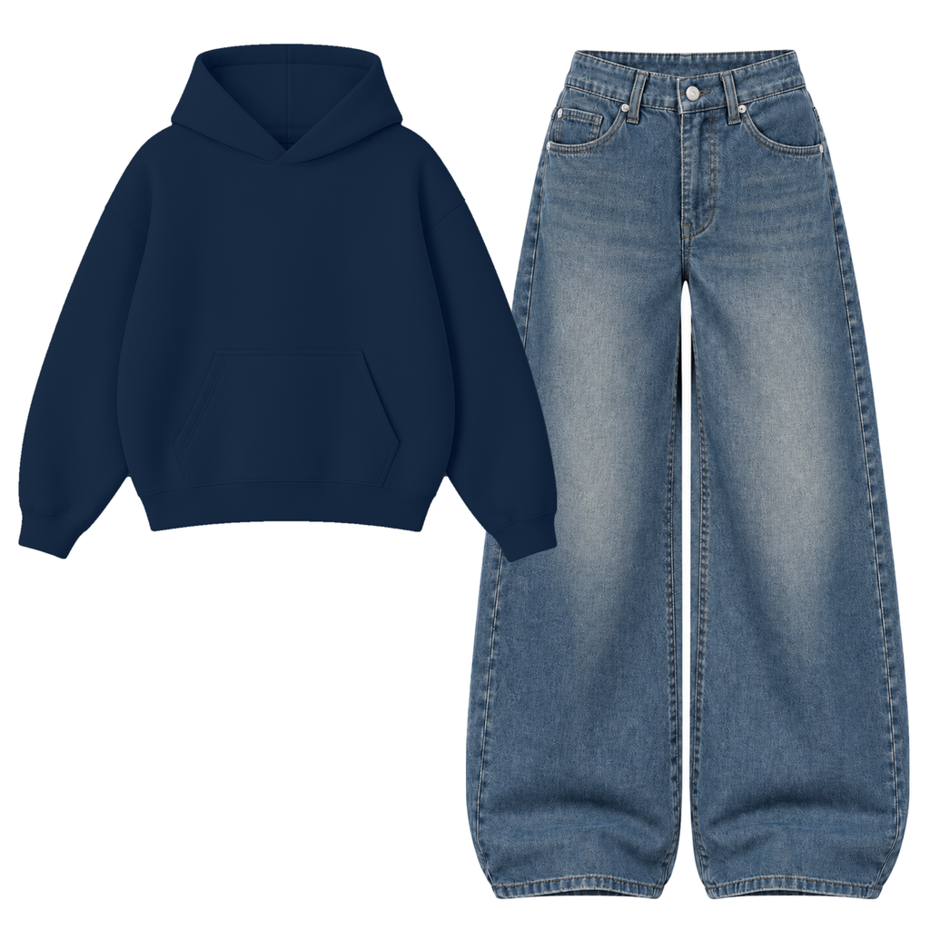 Navyblue Vintage Baggy Jeans With Oversized Hoodie