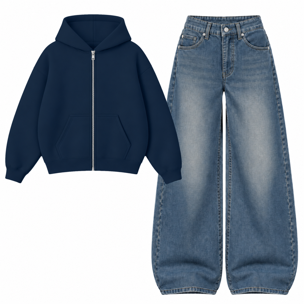 Navyblue Vintage Baggy Jeans With Oversized Zipper