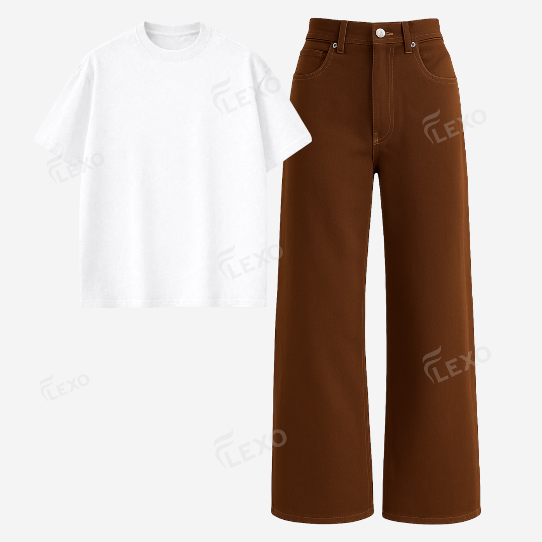 Brown Baggy Jeans With Oversized Drop Shoulder T-Shirt
