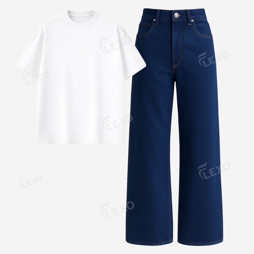 Darkblue Baggy Jeans With Oversized Drop Shoulder T-Shirt
