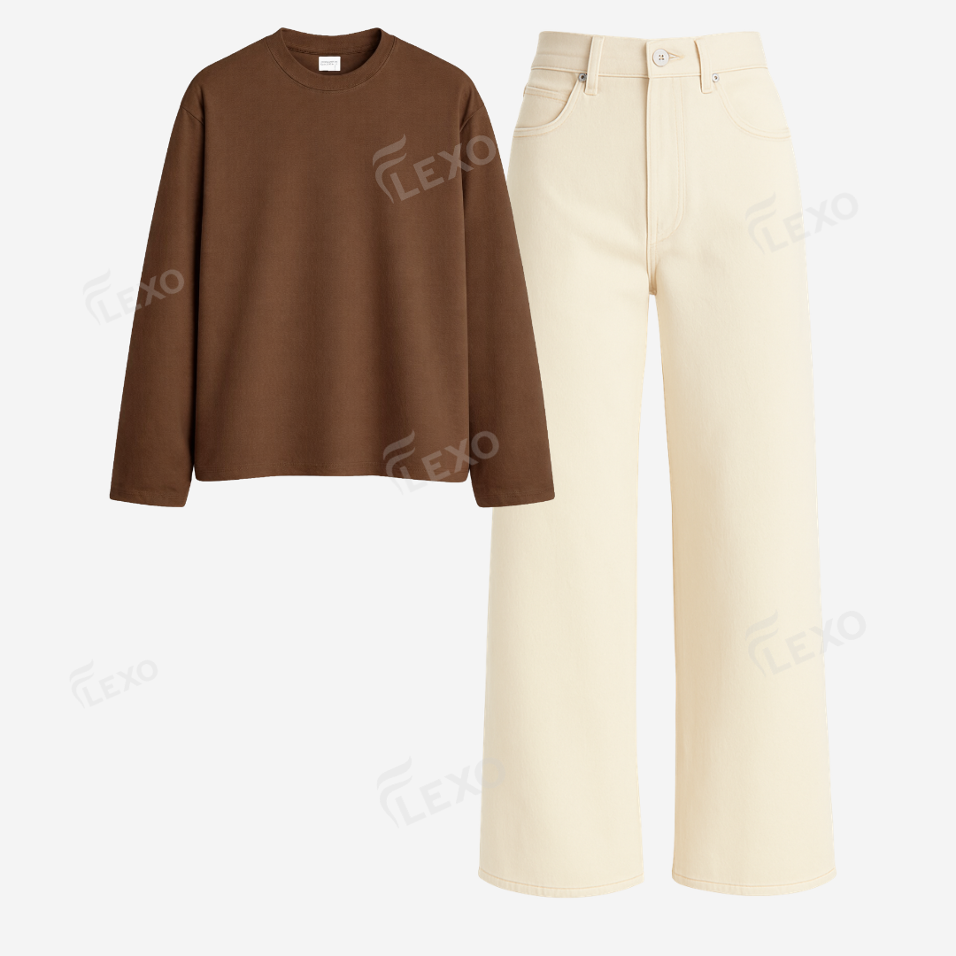 Beige Baggy Jeans With Full Sleeves T-Shirt