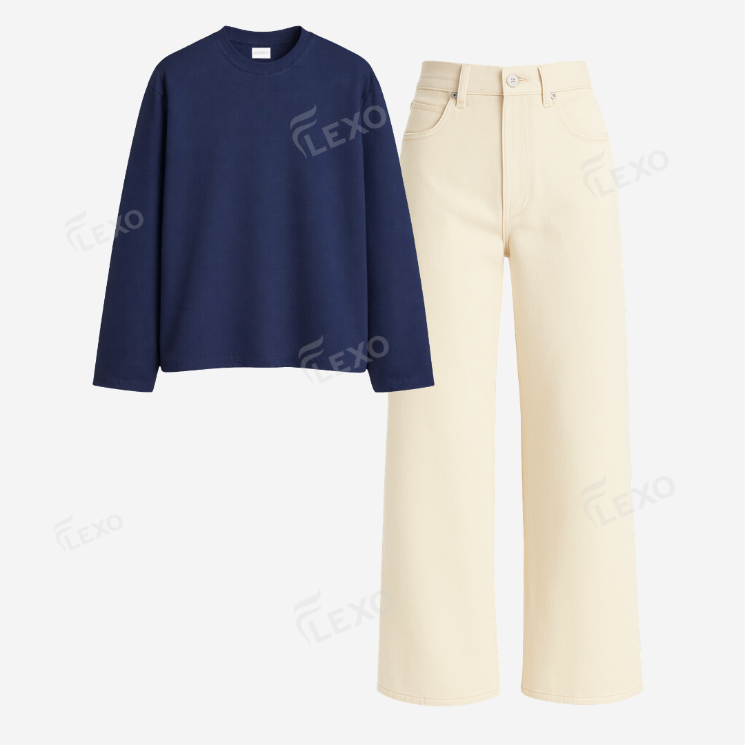 Beige Baggy Jeans With Full Sleeves T-Shirt