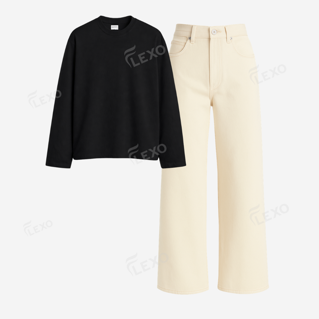 Beige Baggy Jeans With Full Sleeves T-Shirt Main image