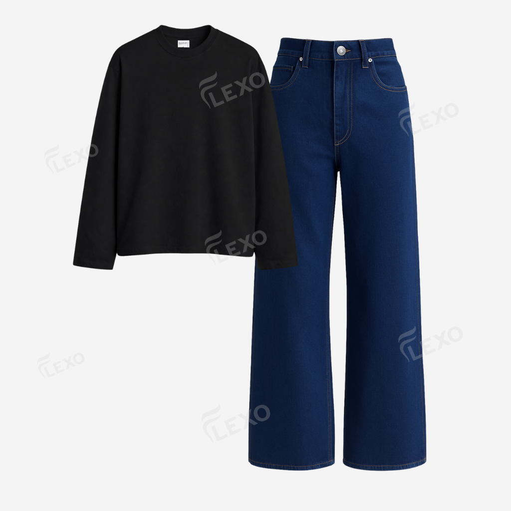 Darkblue Baggy Jeans With Full Sleeves T-Shirt