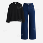 Darkblue Baggy Jeans With Full Sleeves T-Shirt