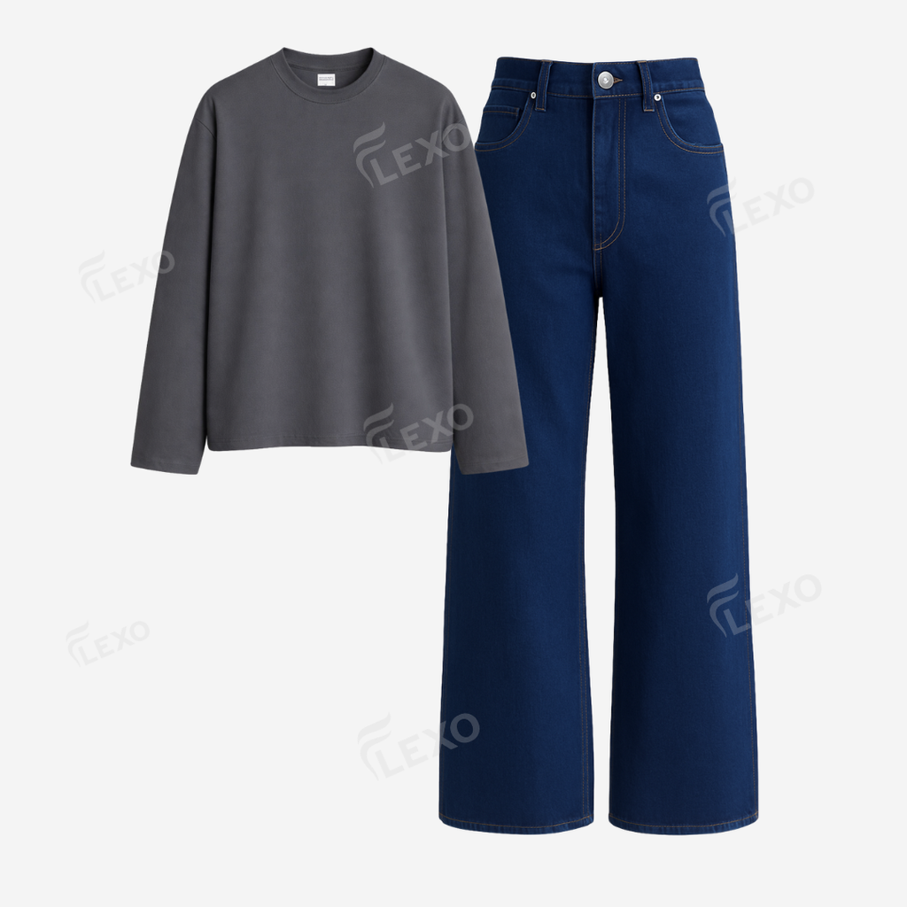 Darkblue Baggy Jeans With Full Sleeves T-Shirt