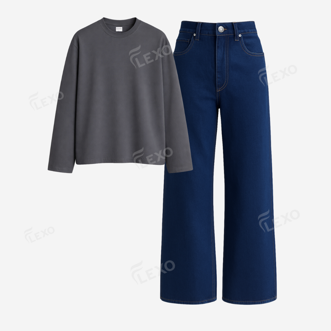 Darkblue Baggy Jeans With Full Sleeves T-Shirt