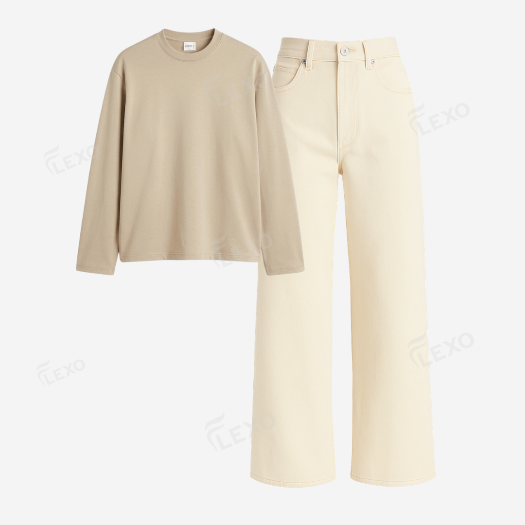 Beige Baggy Jeans With Full Sleeves T-Shirt