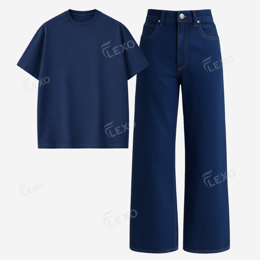 Darkblue Baggy Jeans With Oversized Drop Shoulder T-Shirt
